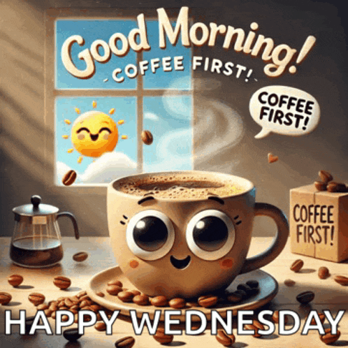 a cup of coffee with a face on it says good morning