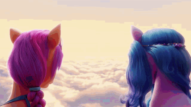 two ponies with pink hair and blue hair are looking at the sky