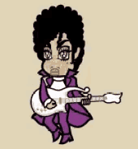 a cartoon of prince holding a guitar in a purple suit .