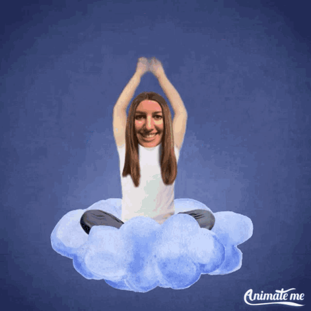 a woman is sitting on a cloud holding a rainbow bucket with the letter y on top