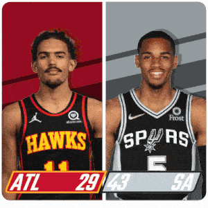 two basketball players from the hawks and the spurs are standing next to each other