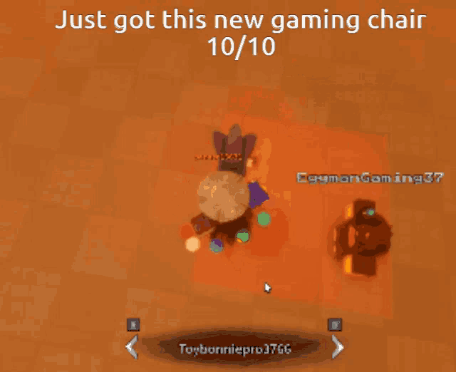 a screenshot of a video game that says just got this new gaming chair 1/10
