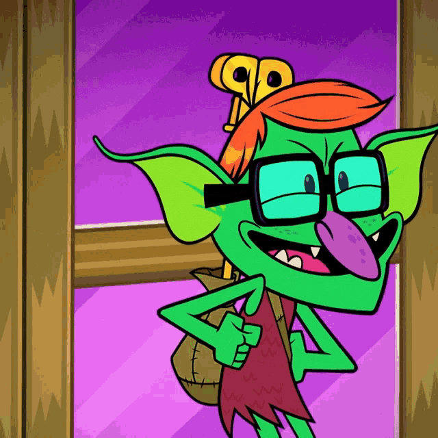 a green cartoon character with glasses and a backpack