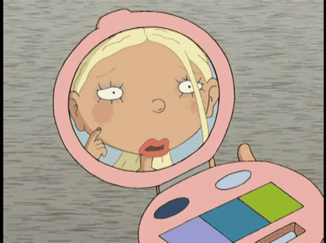 a cartoon drawing of a girl looking at herself in a mirror