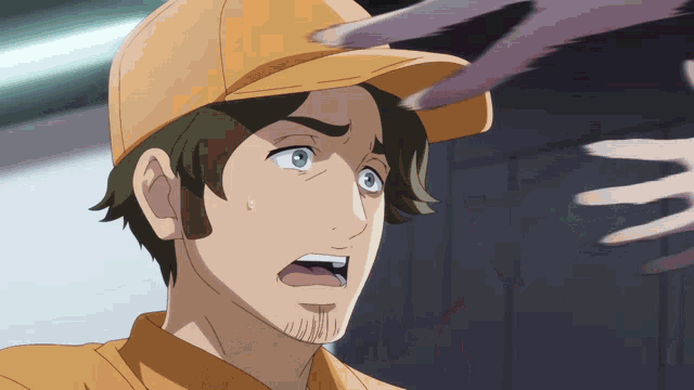 a man with a beard wearing an orange hat and a yellow shirt