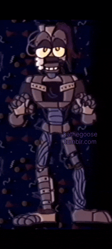 a drawing of a robot in a dark room with a purple background .