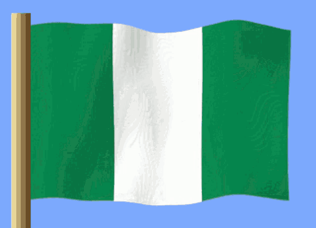a green and white flag on a pole with a blue sky in the background