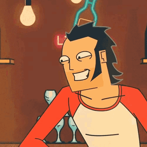a cartoon man is smiling in front of a sign that says l on it