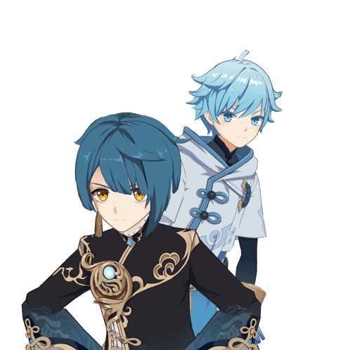 a couple of anime characters with blue hair and yellow eyes