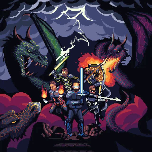 a pixel art illustration of a group of soldiers standing in front of a dragon