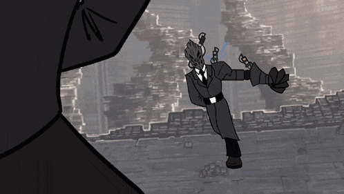 a black and white drawing of a man in a suit holding a gun