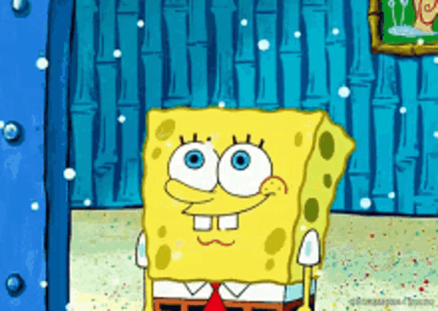 a cartoon of spongebob standing in front of a bamboo wall