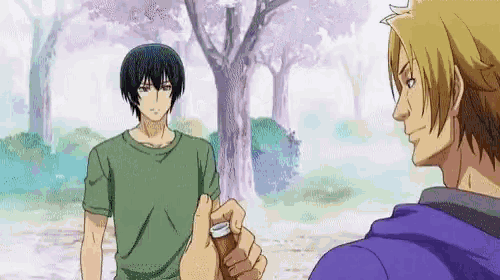 two anime characters are standing next to each other and one is holding a bottle of something