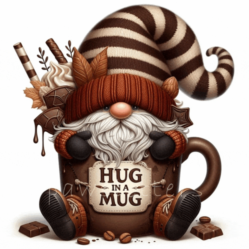 an illustration of a gnome holding a mug that says " hug in a mug "