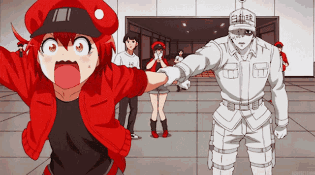 a girl in a red jacket is standing next to a man in a white uniform with chinese writing on his hat