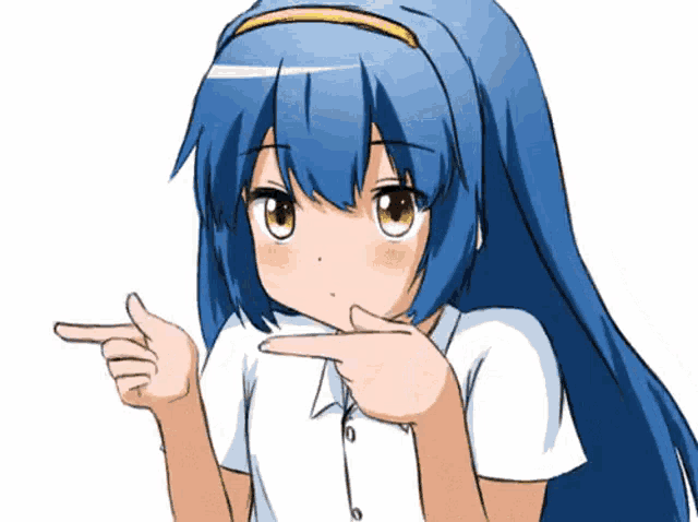 a girl with blue hair is pointing to the left