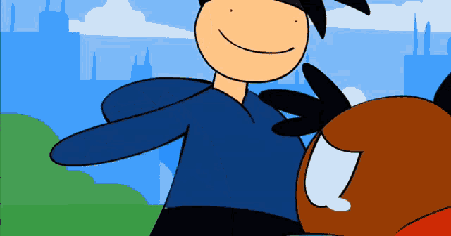 a cartoon of a man standing next to a cartoon character with a crying face