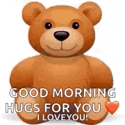 a teddy bear is sitting down and says `` good morning hugs for you i love you '' .