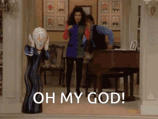 a woman in a colorful dress is standing in front of a piano with the words oh my god written on the bottom