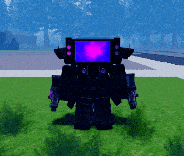 a robot with a purple screen on its head is standing in the grass