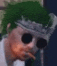 a close up of a person 's face with sunglasses and a green hat .