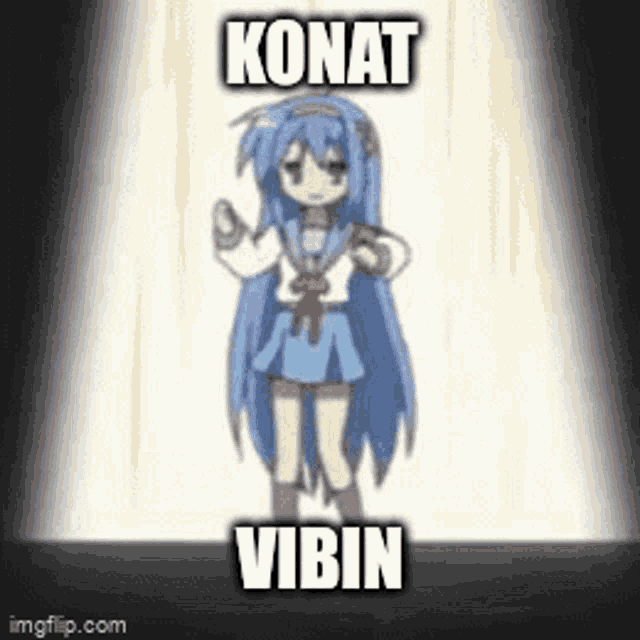 a cartoon girl with long blue hair is standing in front of a light and says konat vibin