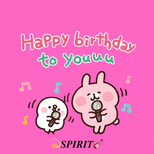 a pink background with two rabbits holding microphones and the words happy birthday to youuu