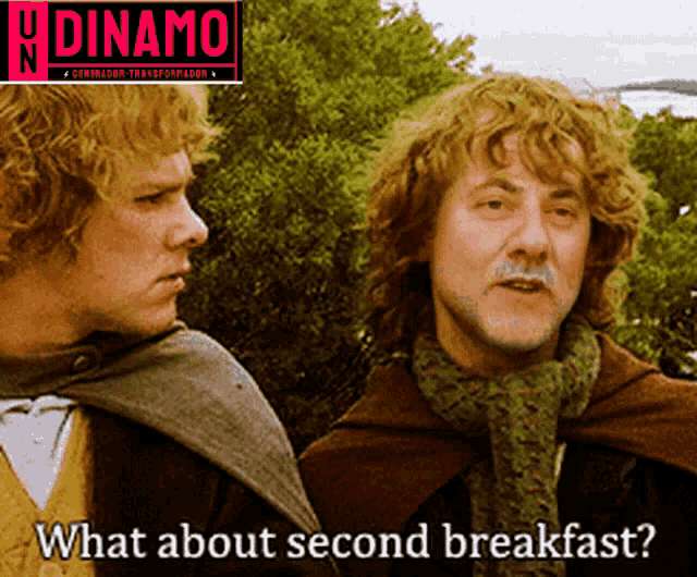 two men standing next to each other with the words what about second breakfast written below them