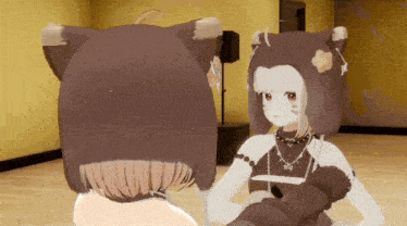 two anime characters with cat ears are standing next to each other in a room