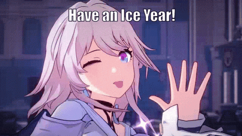 a girl with purple hair is waving her hand and says have an ice year !