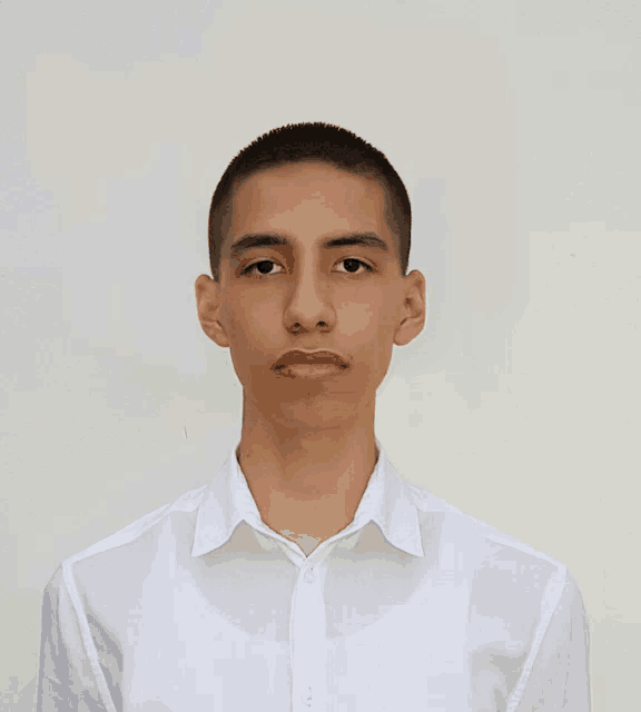 a young man wearing a white shirt and tie looks at the camera