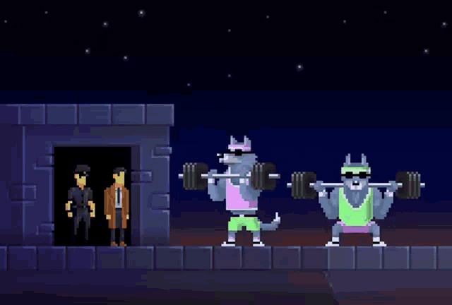 a pixel art of a wolf lifting a barbell while a man looks on