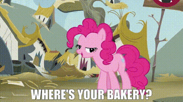 pinkie pie from my little pony is standing in a field and asking where 's your bakery ?