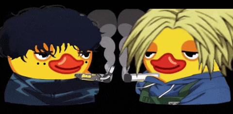 two yellow ducks with red beaks are smoking a cigarette