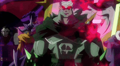 a cartoon character with a skull on his chest is surrounded by other characters
