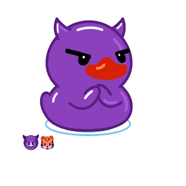 a purple rubber duck with devil horns is surrounded by two emojis