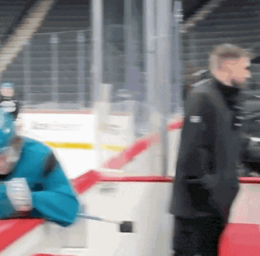 a blurry picture of a hockey game with a man wearing a black jacket that says reebok on it