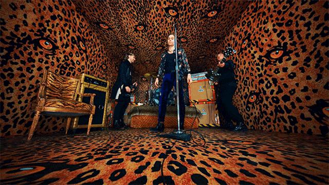 a man stands in front of a microphone in a room with a leopard print floor