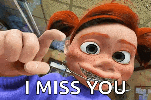 a cartoon character with freckles and braces says i miss you .