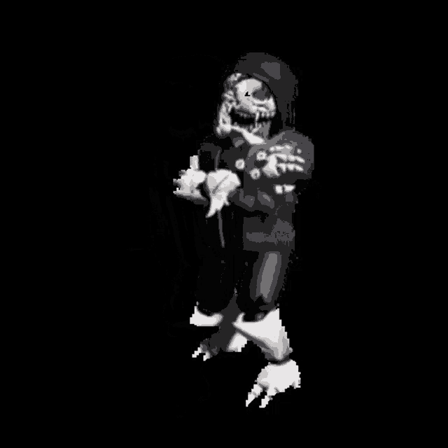 a cartoon character with a skull face and a hoodie is standing in the dark .
