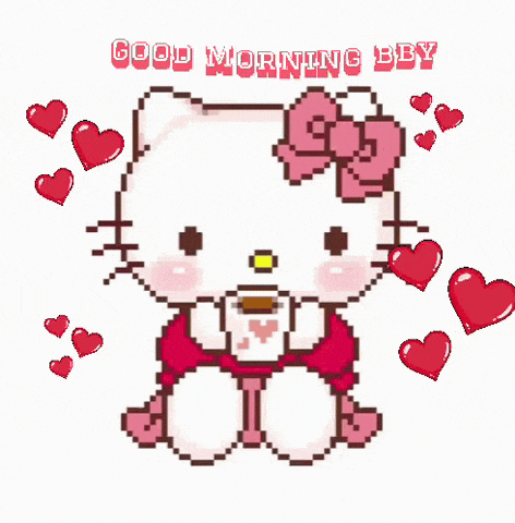 hello kitty is surrounded by hearts and says good morning bb