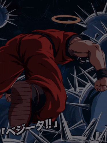 a man in a red outfit is surrounded by spikes and says ベジータ