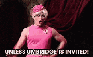 a woman in a pink dress is standing on a stage and says unless umbridge is invited