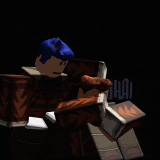a cartoon character with blue hair is holding a piece of meat in front of a sign that says hai