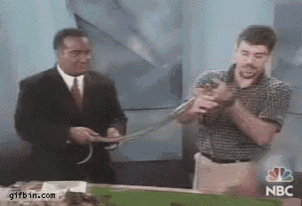 a man in a suit and tie is holding a snake while another man looks on ..