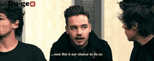 three men are standing next to each other and one of them is saying " now this is our chance to do so "