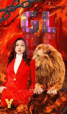 a woman in a red suit is standing next to a lion with the letters gl behind her