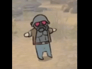 a cartoon of a man wearing a gas mask and sunglasses is walking in the desert .