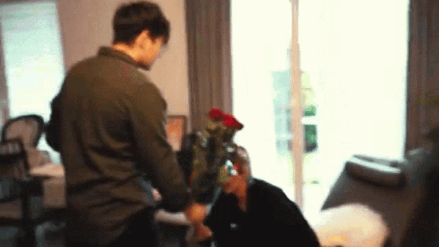 a man is giving a woman a bouquet of red roses .
