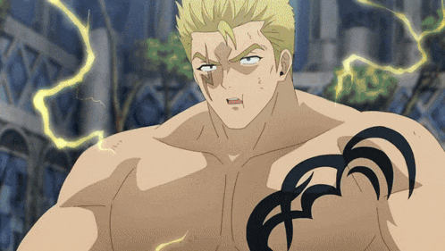 a man with a tattoo on his arm is standing in front of a lightning bolt